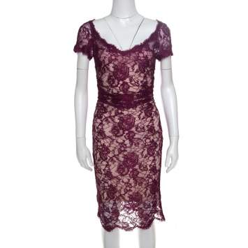 Pre Owned Emilio Pucci Burgundy Floral Lace Scalloped Trim Ruched Dress S