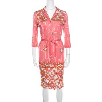 Pre Owned Emilio Pucci Pink Printed Silk Belted Shirt Dress S