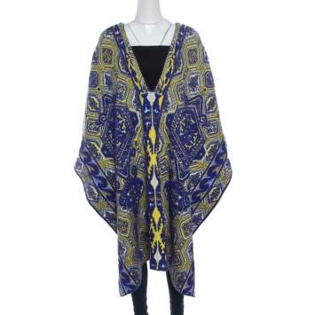 Pre Owned Emilio Pucci Blue and Neon Yellow Patterned Jacquard Knit Poncho S