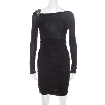 Pre Owned Emilio Pucci Black Knit Embellished Shoulder Detail Ruched Long Sleeve Dress S