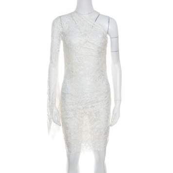 Pre Owned Emilio Pucci White Floral Lace Scalloped Trim Ruched One Shoulder Dress S