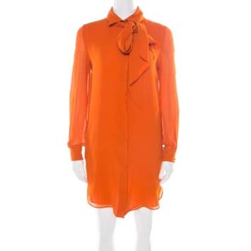 Pre Owned Emilio Pucci Orange Silk Crepe de Chine Neck Tie Detail Shirt Dress S