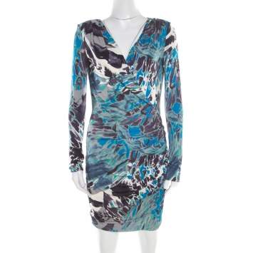 Pre Owned Emilio Pucci Multicolor Printed Silk Jersey Power Shoulder Draped Dress M