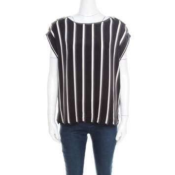 Pre Owned Emilio Pucci Black and White Striped Silk Oversized Sleeveless Top S