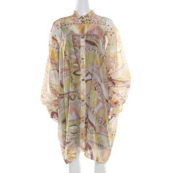 Pre Owned Emilio Pucci Multicolor Washed Out Printed Cotton and Silk Shirt Dress L