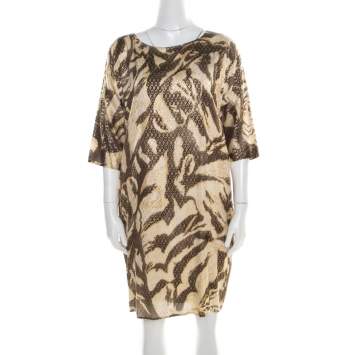 Pre Owned Emilio Pucci Brown and Beige Foil Printed Silk Long Sleeve Dress S