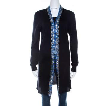 Pre Owned Emilio Pucci Navy Blue Embellished Trim Long Sleeve Cardigan M 