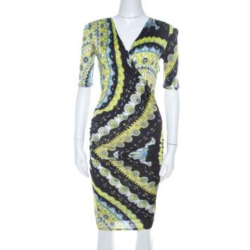 Pre Owned Emilio Pucci Multicolor Printed Stretch Jersey Plunge Neck Dress S