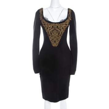 Pre Owned Emilio Pucci Black Wool Gold Beaded Long Sleeve Corset Dress M 