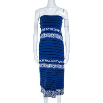 Pre Owned Emilio Pucci Blue Knit Aztec Pattern Strapless Dress S 