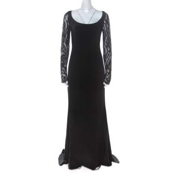 Pre Owned Emilio Pucci Black Silk Guipure Lace Detail Evening Dress M 