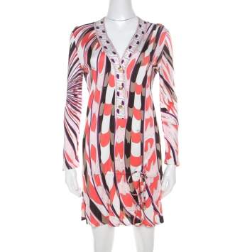 Pre Owned Emilio Pucci Multicolor Signature Print Jersey Knit Drawstring Short Dress M