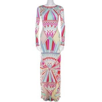 Pre Owned Emilio Pucci Multicolor Signature Print Silk Lace-Up Back Maxi Dress M