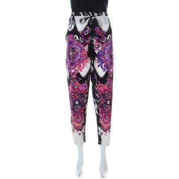 Pre Owned Emilio Pucci Multicolor Printed Silk Drawstring Waist Tapered Pants M