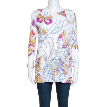 Pre Owned Emilio Pucci White Butterfly Print Knit Tunic Top M
