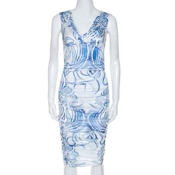 Pre Owned Emilio Pucci Blue and White Printed Ruched Sleeveless Dress S