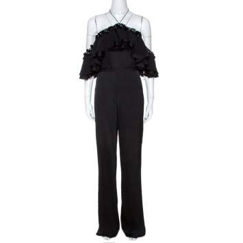 Pre Owned Emilio Pucci Black Crepe Embellished Ruffle Trim Jumpsuit S