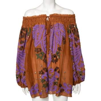 Pre Owned Emilio Pucci Brown Cotton Embellished Off-Shoulder Tunic S