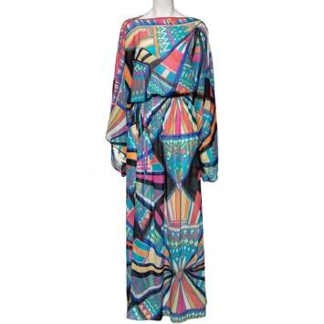Pre Owned Emilio Pucci Multicolored Printed Chiffon Elasticized Waist Detailed Maxi Dress S