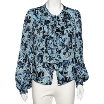 Pre Owned Emilio Pucci Blue Printed Silk Ruffle Detail Button Front Top L 