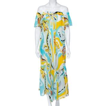 Pre Owned Emilio Pucci Multicolored Badea Print Cotton Off-Shoulder Tiered Dress L