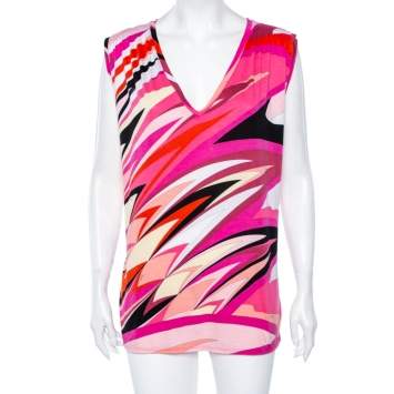 Pre Owned Emilio Pucci Multicolored Printed Cotton V Neck Sleeveless Top S