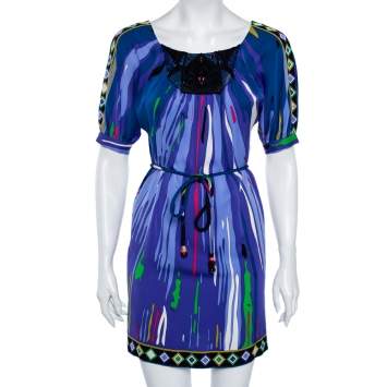 Pre Owned Emilio Pucci Multicolor Printed Silk Embellished Belted Shift Dress S