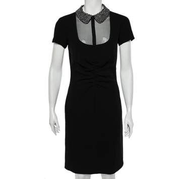 Pre Owned Emilio Pucci Black Textured Crepe Embellished Collar Detailed Ruched Dress S