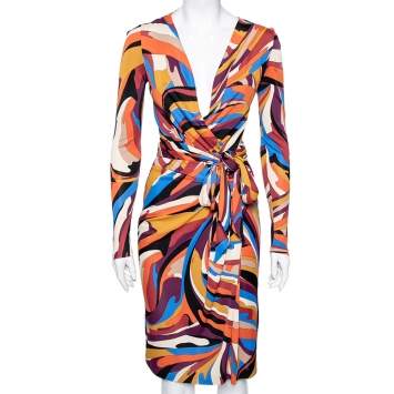 Pre Owned Emilio Pucci Multicolor Abstract Printed Jersey Belted Dress S