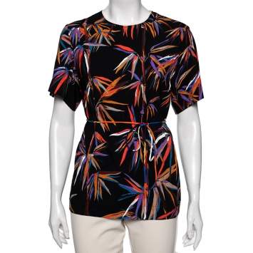 Pre Owned Emilio Pucci Black Tropical Palm Print Viscose Crew Neck Top M