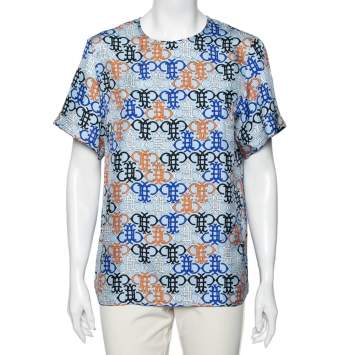 Pre Owned Emilio Pucci Multicolor Logo Printed Silk Short Sleeve Top S