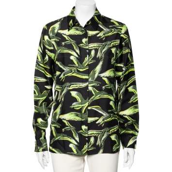 Pre Owned Emilio Pucci Black & Green Bird Printed Silk Shirt M