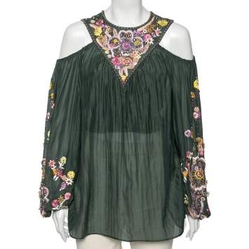 Pre Owned Emilio Pucci Green Cotton Floral Embroidered Embellished Cold Shoulder Top M