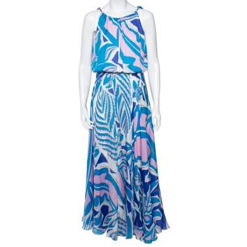 Pre Owned Emilio Pucci Multicolored Printed Silk Gathered Maxi Dress L
