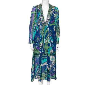 Pre Owned Emilio Pucci Multicolor Printed Silk Embellished Neck Detail Midi Dress M