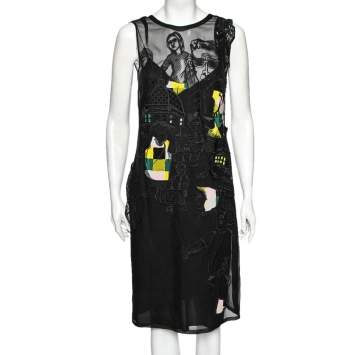 Pre Owned Emilio Pucci Black Tourist Applique Embroidered Silk Organza Dress M