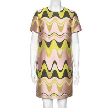 Pre Owned Emilio Pucci Pink & Green Wave Jacquard Shift Dress M
