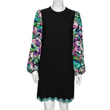 Pre Owned Emilio Pucci Black Synthetic Floral Printed Bishop Sleeves Dress M
