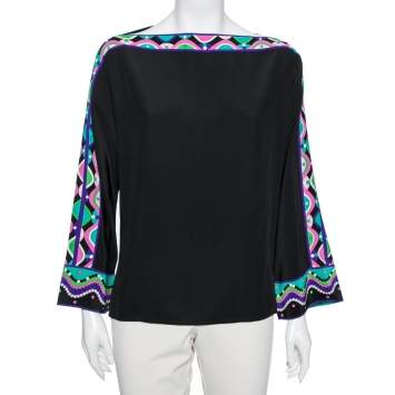 Pre Owned Emilio Pucci Black Satin and Printed Trims Blouse M