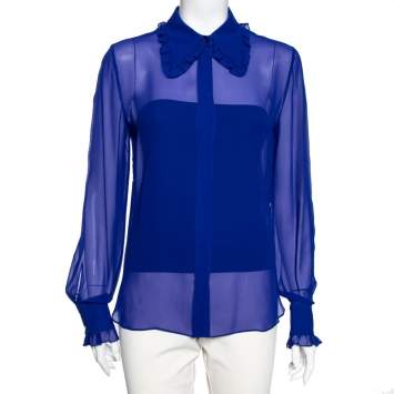 Pre Owned Emilio Pucci Blue Silk Ruffle Detailed Collar Button Front Shirt M