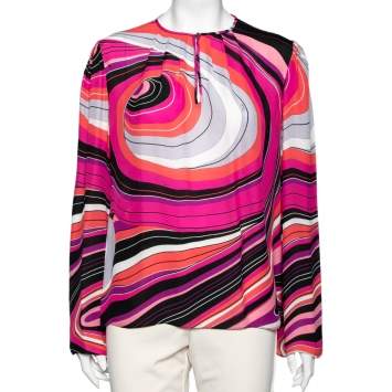 Pre Owned Emilio Pucci Multicolor Printed Silk Pleated Front Blouse M