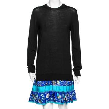 Pre Owned Emilio Pucci Black Wool & Printed Blue Silk Ruffled Hem Paneled Dress M