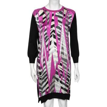 Pre Owned Emilio Pucci Multicolor Printed Silk & Wool Paneled Dress M