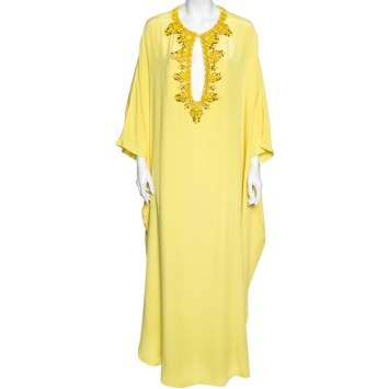 Pre Owned Emilio Pucci Yellow Silk Bead Embellished Cut Out Detail Kaftan Maxi Dress S