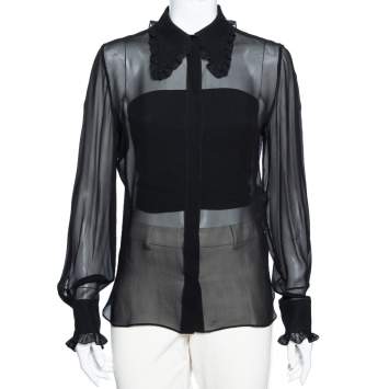 Pre Owned Emilio Pucci Black Silk Ruffle Trim Detailed Button Front Shirt M