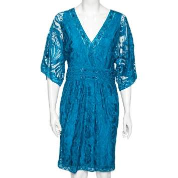 Pre Owned Emilio Pucci Blue Embellished Lace V-Neck Dress M 
