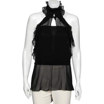 Pre Owned Emilio Pucci Black Silk Ruffled Sheer Top M