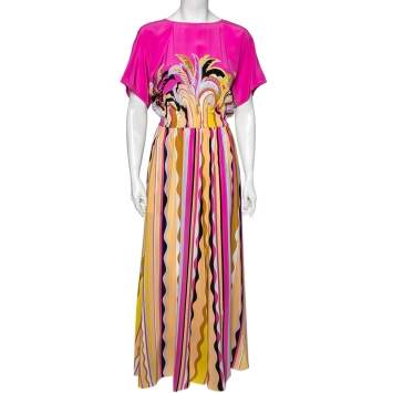 Pre Owned Emilio Pucci Multicolor Printed Silk Elastic Waist Detail Maxi Dress S