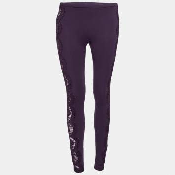 Pre Owned Emilio Pucci Purple Knit & Lace Inset Leggings S