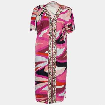 Pre Owned Emilio Pucci Pink Printed Jersey Embellished Eyelet Detail Tunic Dress M